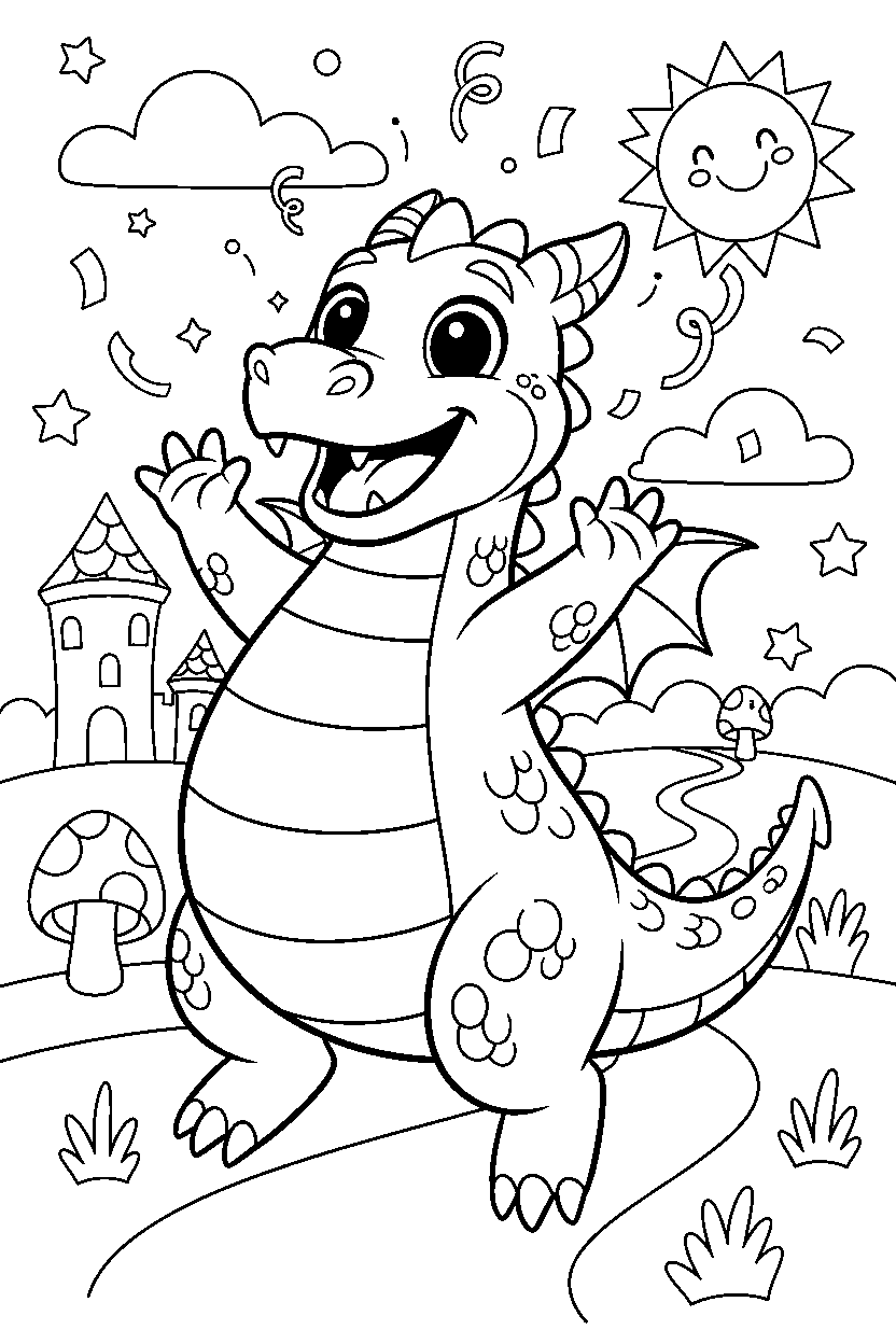 happy dragon celebrating happily in a magical landscape line art