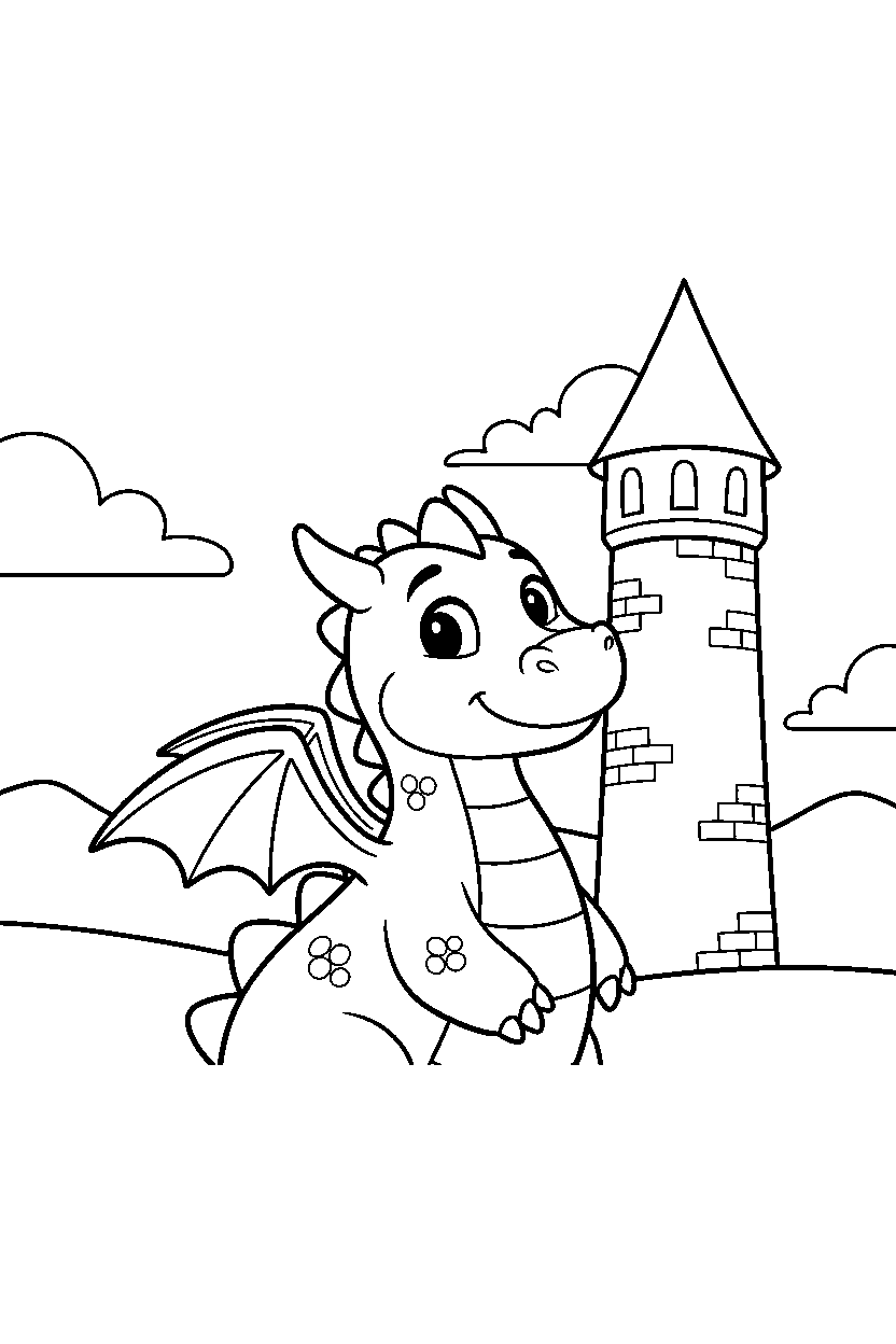 happy dragon looking around near a castle tower line art