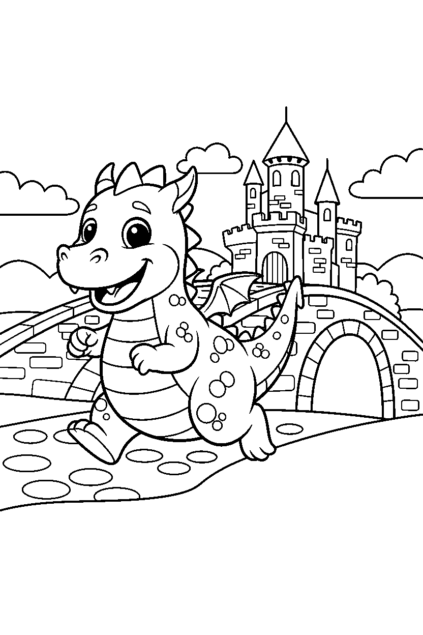 happy dragon running happily near a castle bridge line art