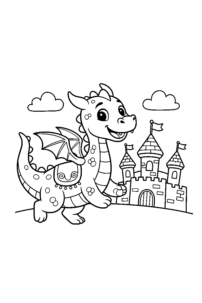 happy dragon trotting happily near a castle line art