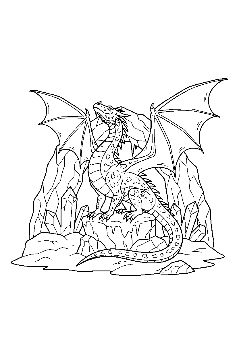 ice dragon getting ready to fly near a crystal cave line art