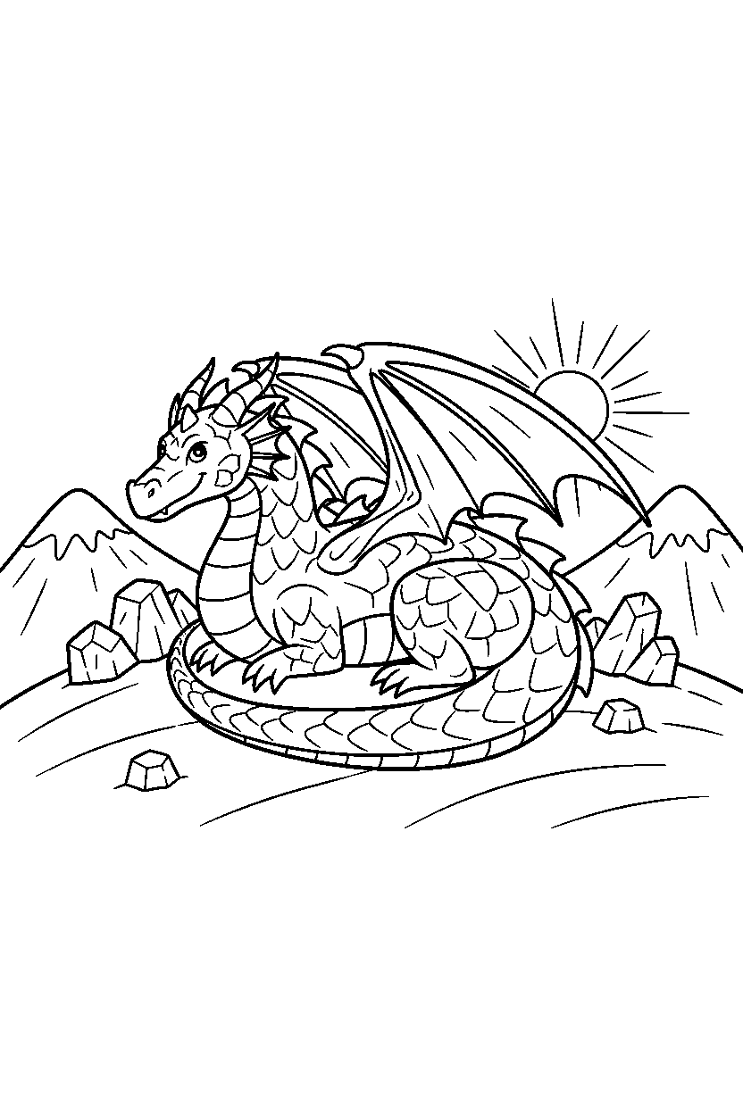 ice dragon resting peacefully on a bright hill line art