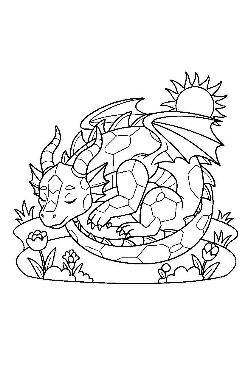 ice dragon resting peacefully on a sunny meadow line art
