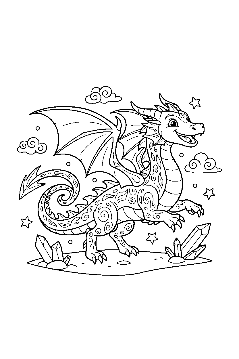 ice dragon running happily in a dream world line art