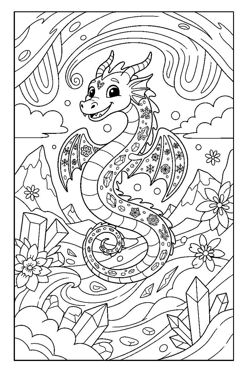 ice dragon spinning happily in a colorful world line art