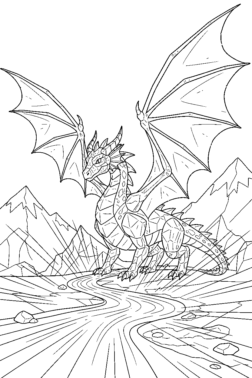 ice dragon spreading wings near a glowing river line art