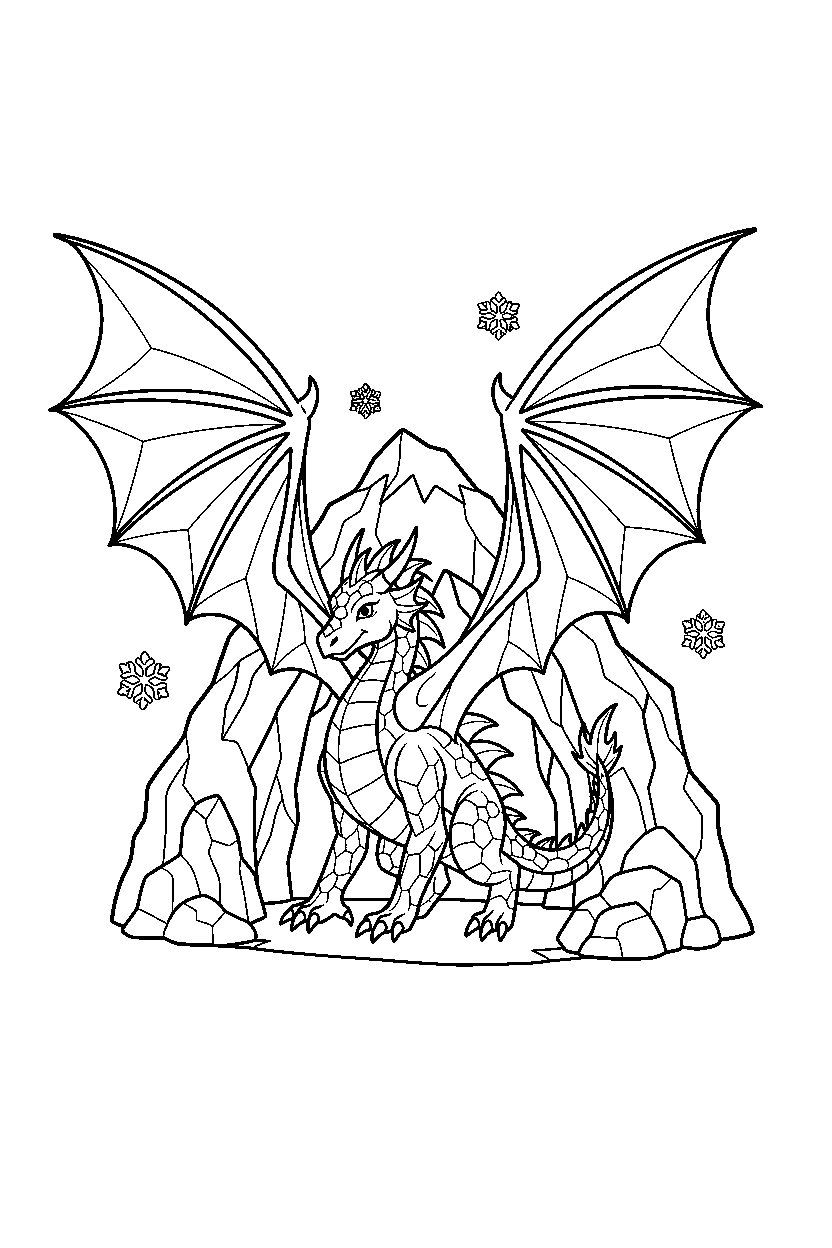 ice dragon spreading wings near a mountain cave line art