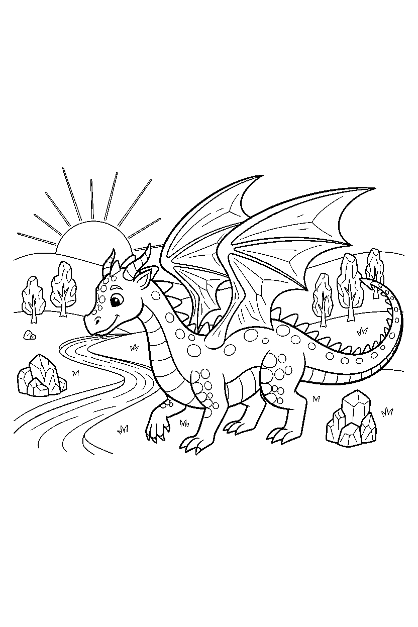 ice dragon walking gently in a peaceful countryside line art