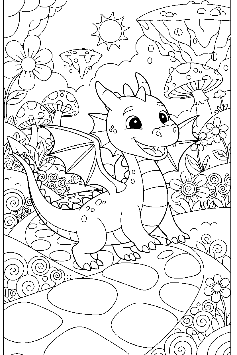ice dragon walking happily in a colorful world line art