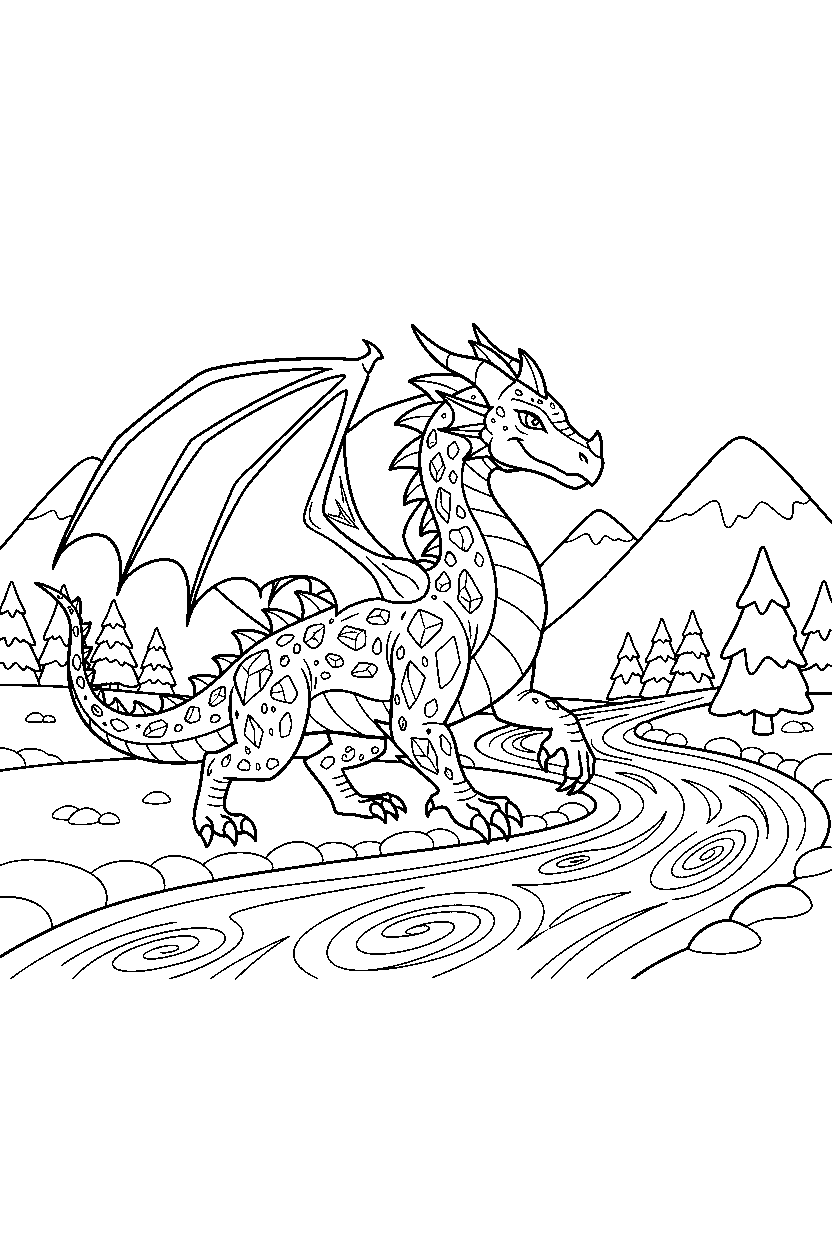 ice dragon walking proudly near a glowing river line art
