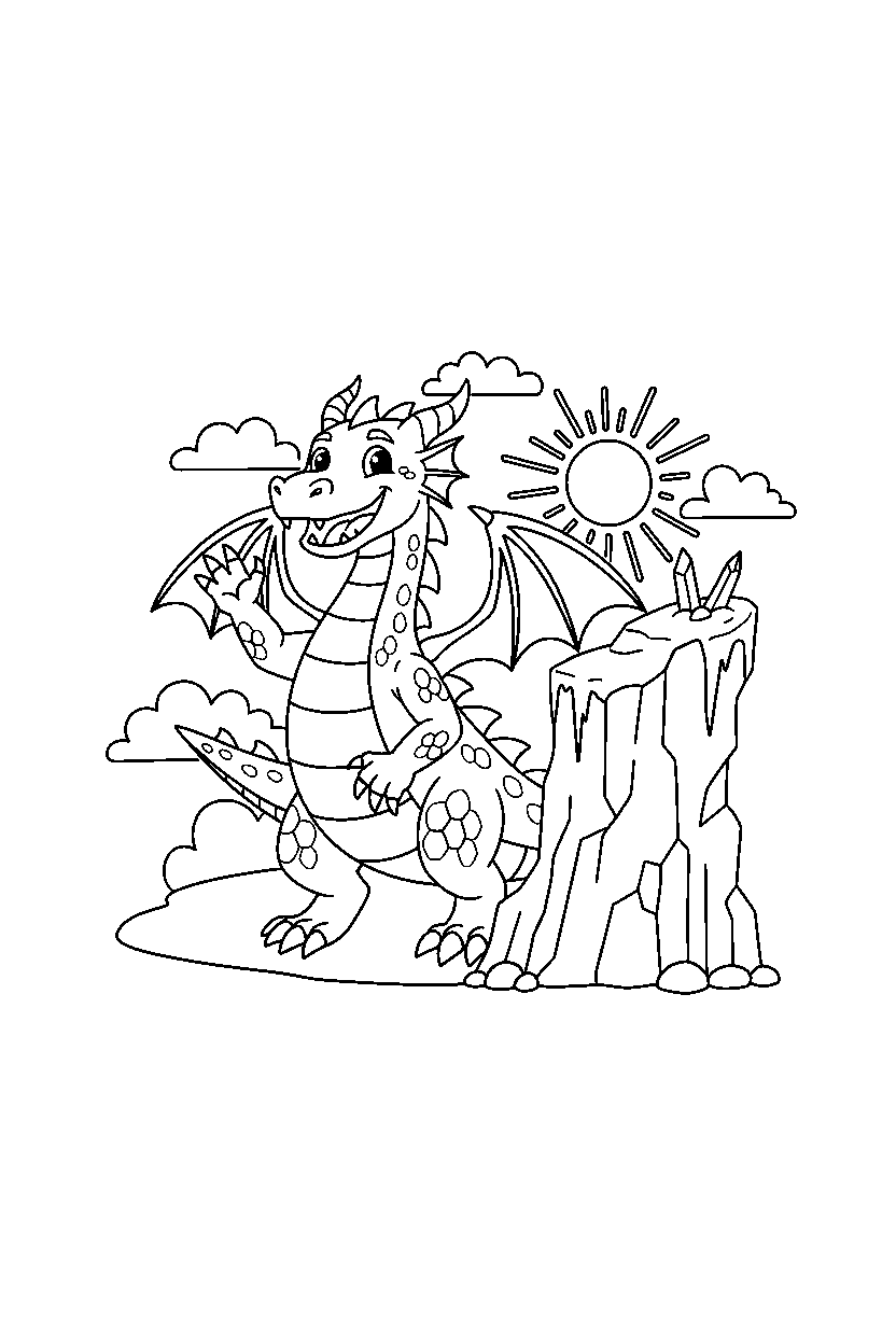 ice dragon waving happily near a rocky cliff line art