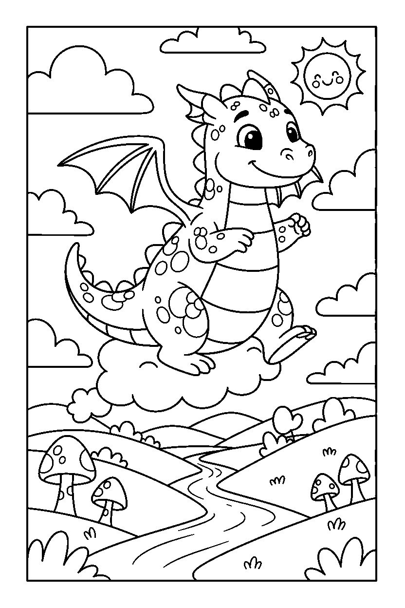 jumping dragon sitting peacefully in a dragon valley line art