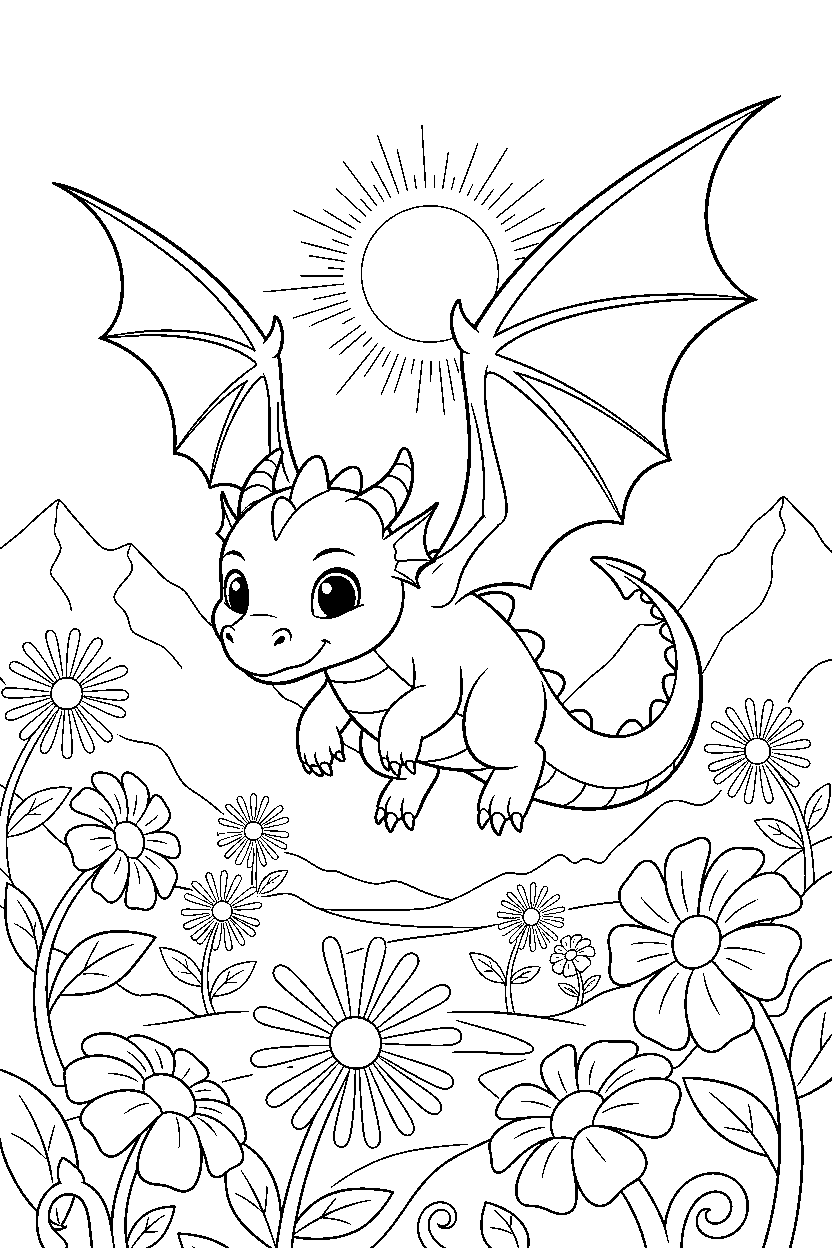 little dragon getting ready to fly in a glowing valley line art