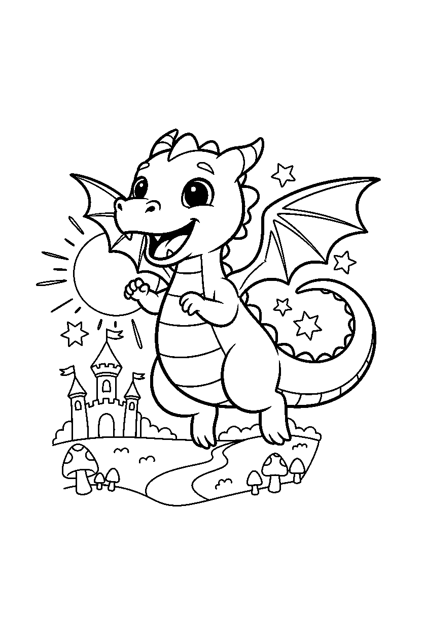 little dragon jumping happily in a magic kingdom line art