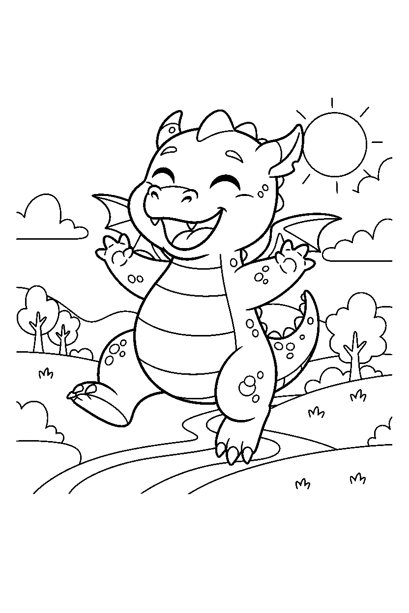 little dragon jumping with joy in a peaceful countryside line art