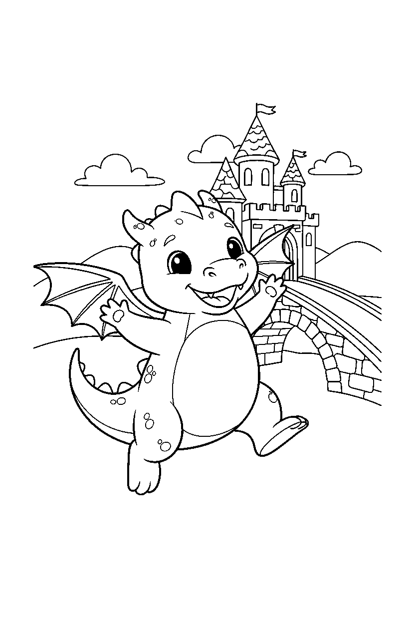 little dragon jumping with joy near a castle bridge line art