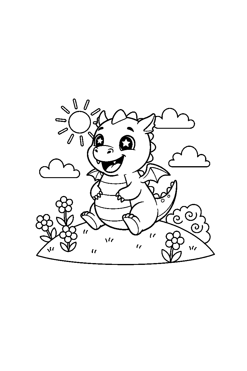 little dragon looking excited on a bright hill line art