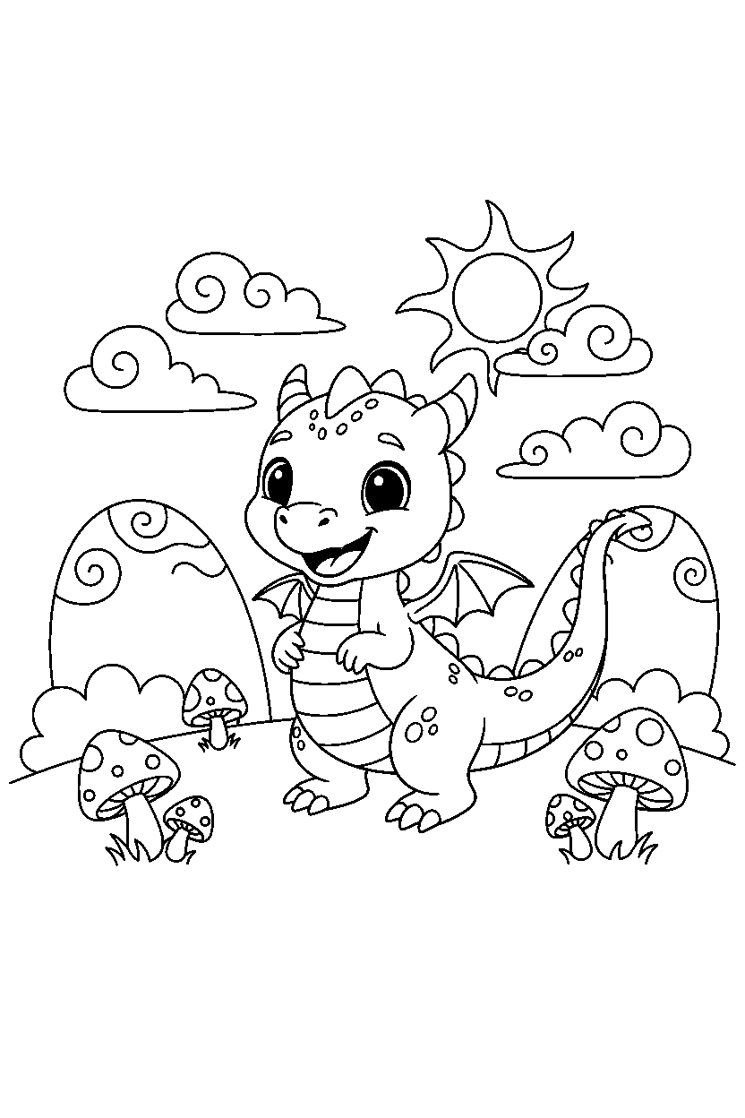 little dragon looking happy in a fantasy land line art