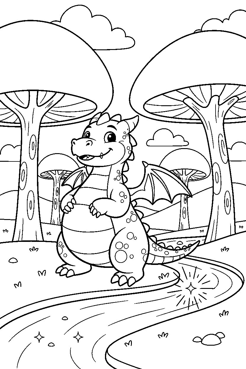 little dragon posing proudly near a glowing river line art