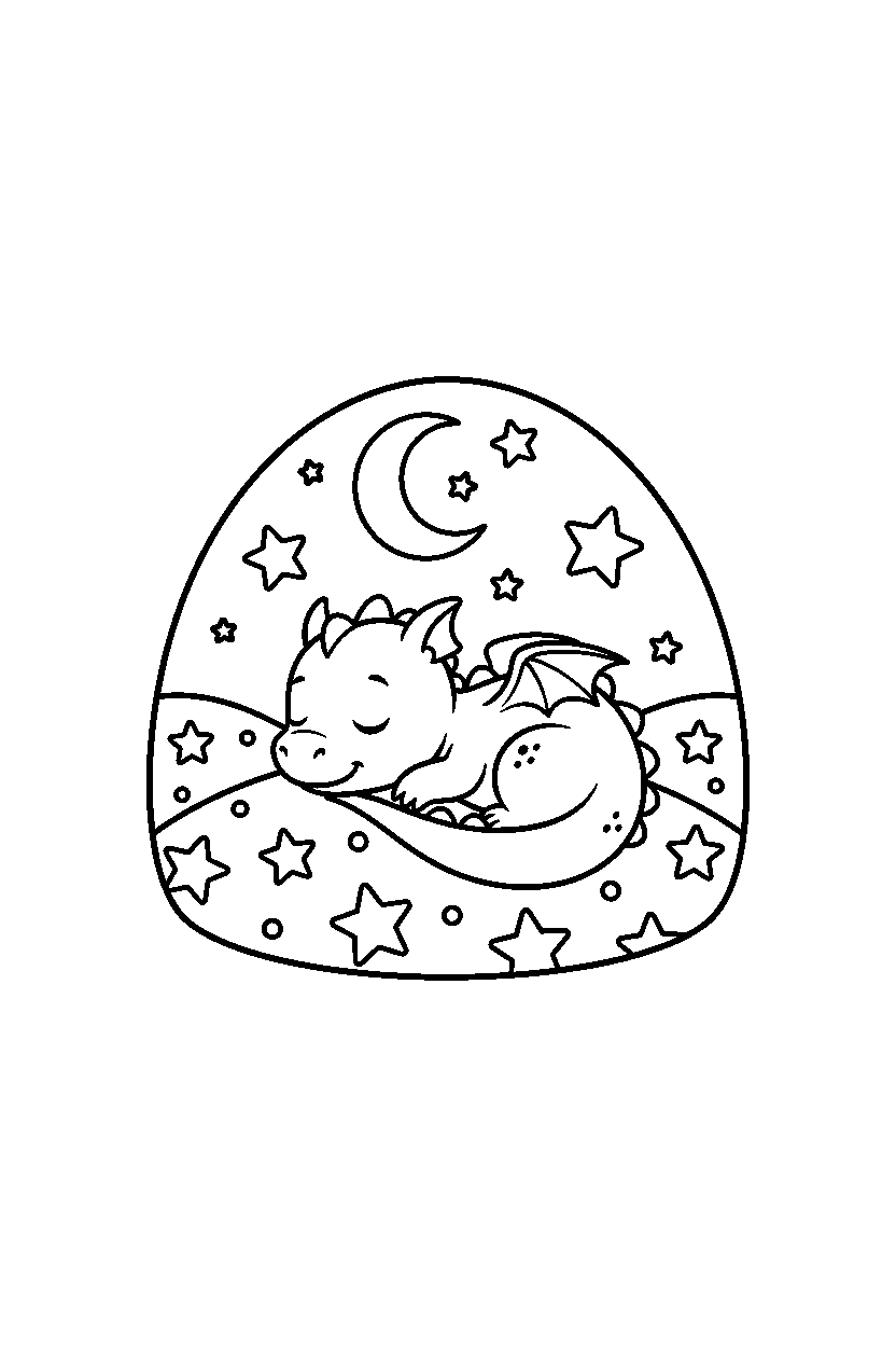 little dragon relaxing peacefully in a starry valley line art