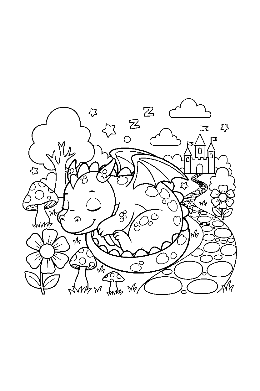 little dragon resting peacefully in a colorful world line art