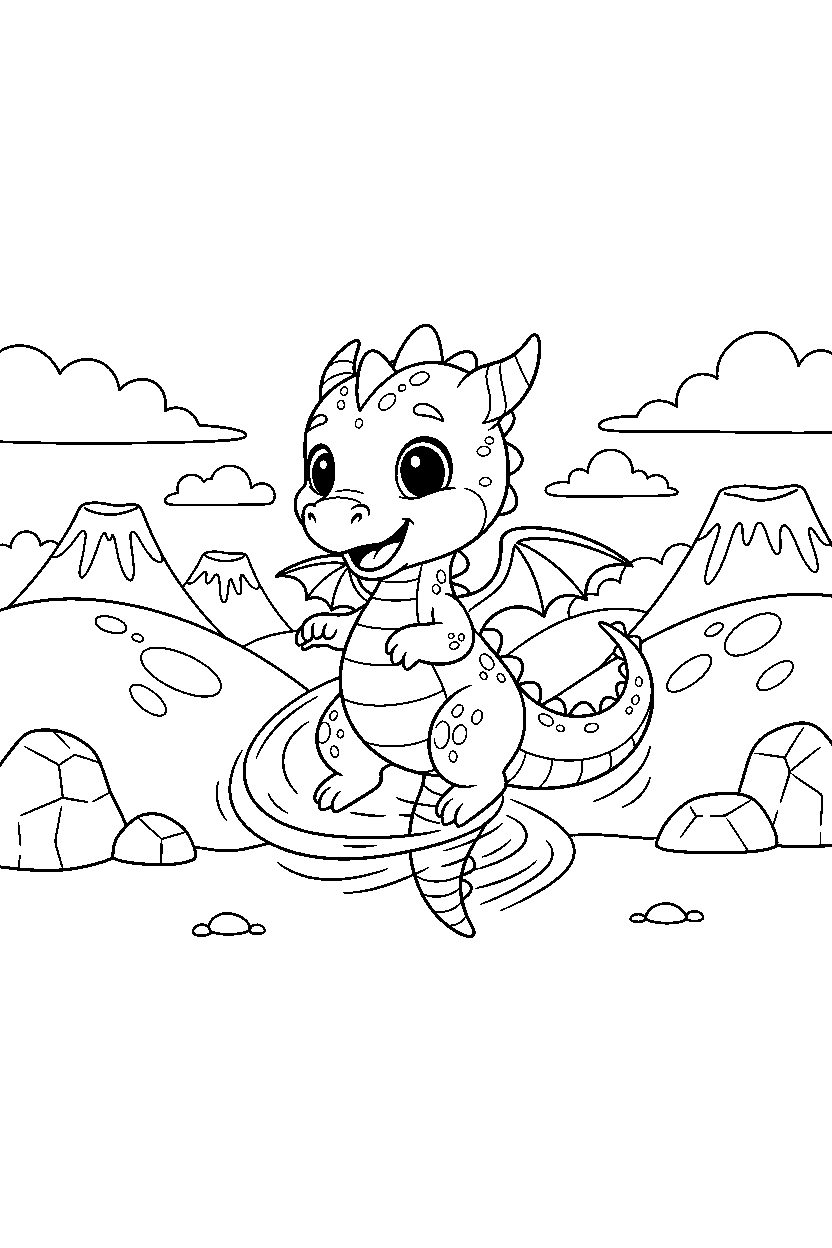little dragon spinning happily in a dragon valley line art
