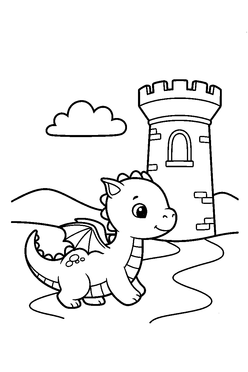 little dragon walking gently near a castle tower line art