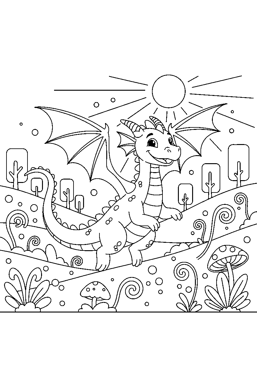 magic dragon exploring happily in a glowing valley line art