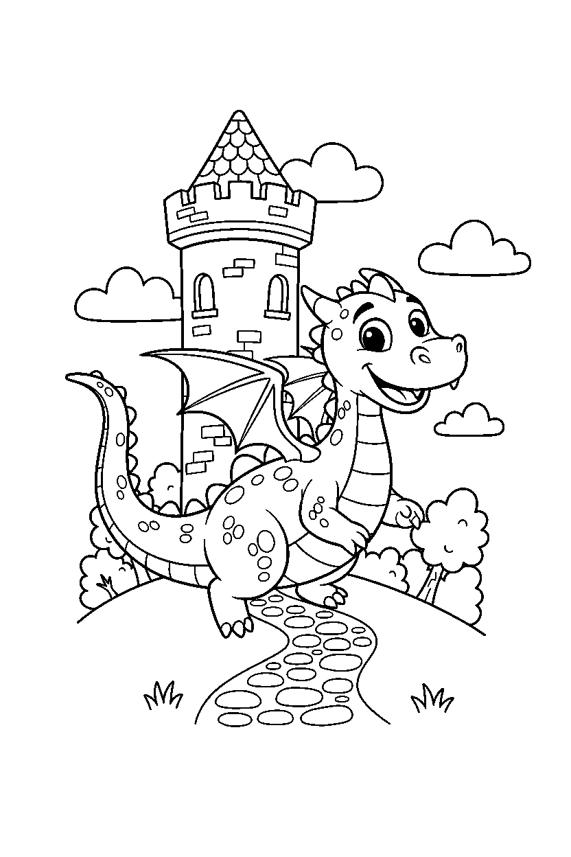 magic dragon exploring happily near a castle tower line art