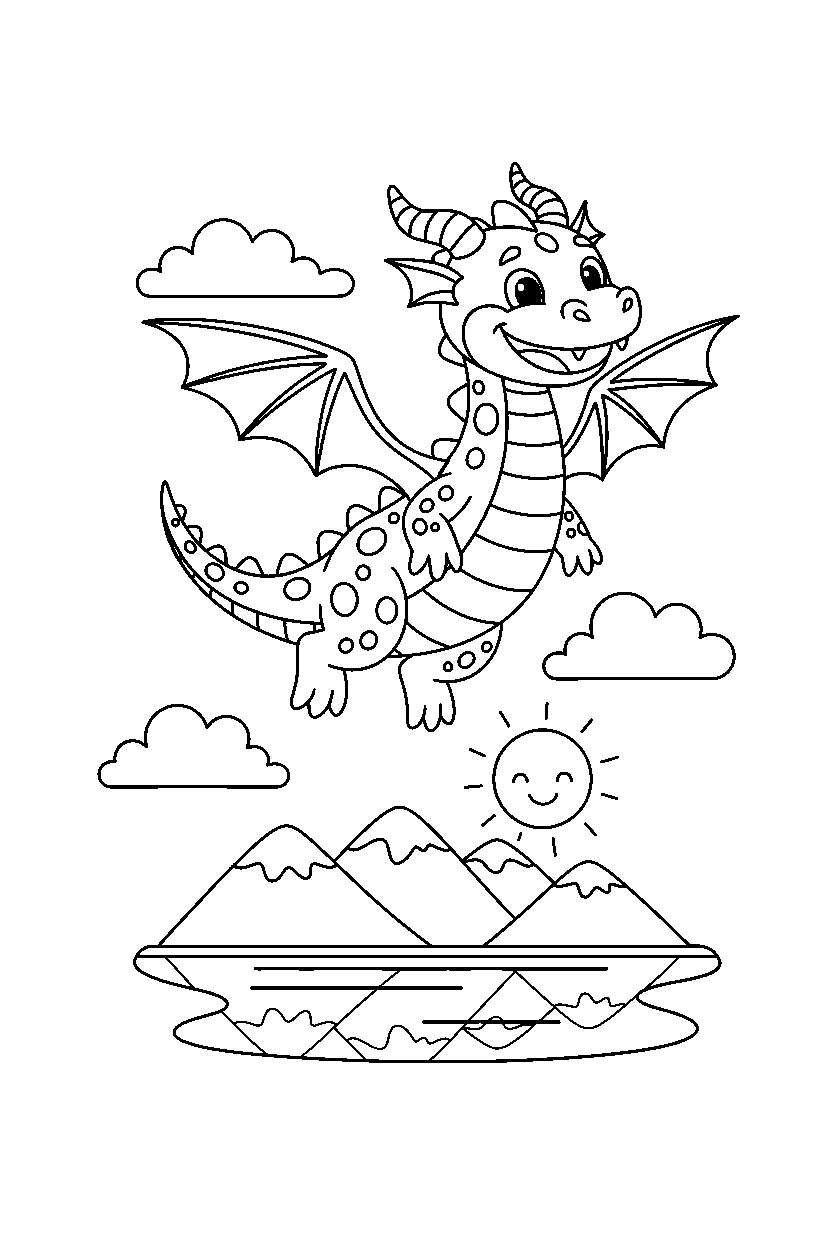 magic dragon flying happily near a peaceful lake line art