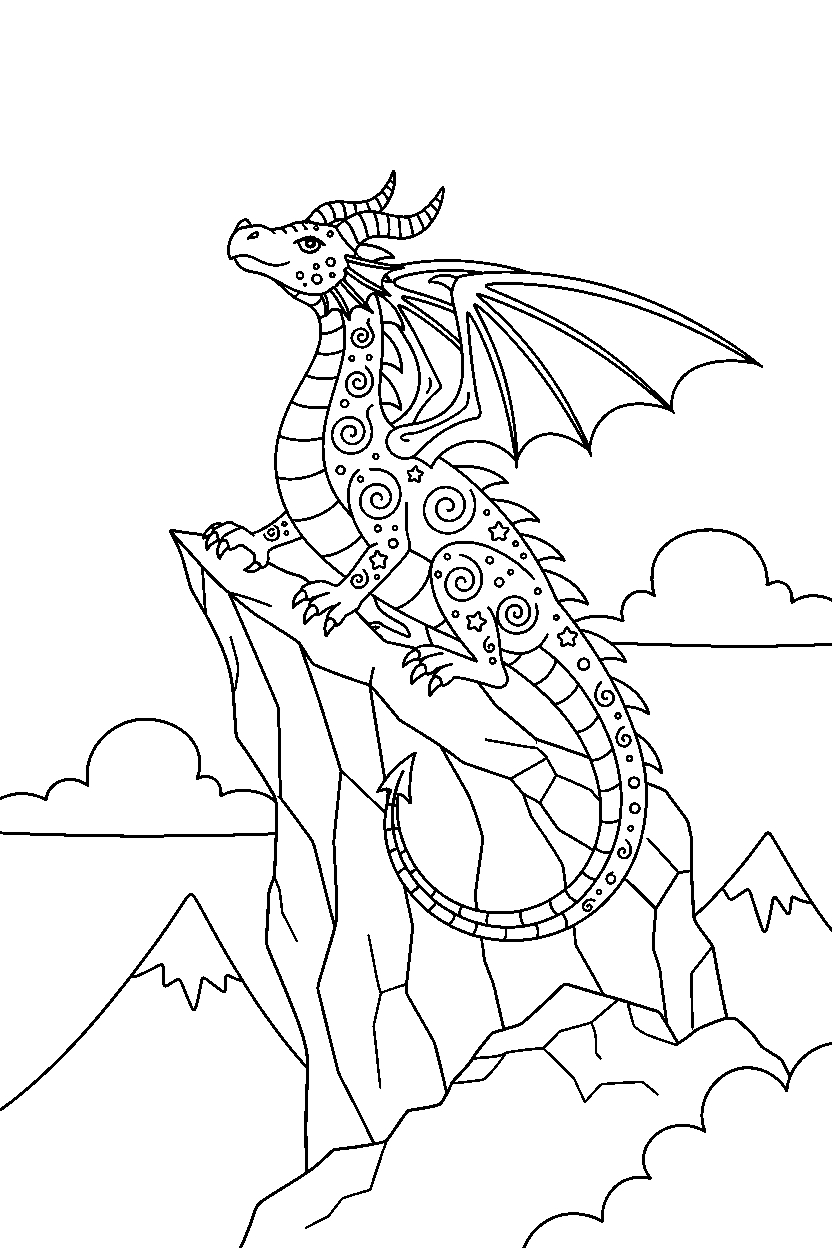 magic dragon getting ready to fly near a rocky cliff line art