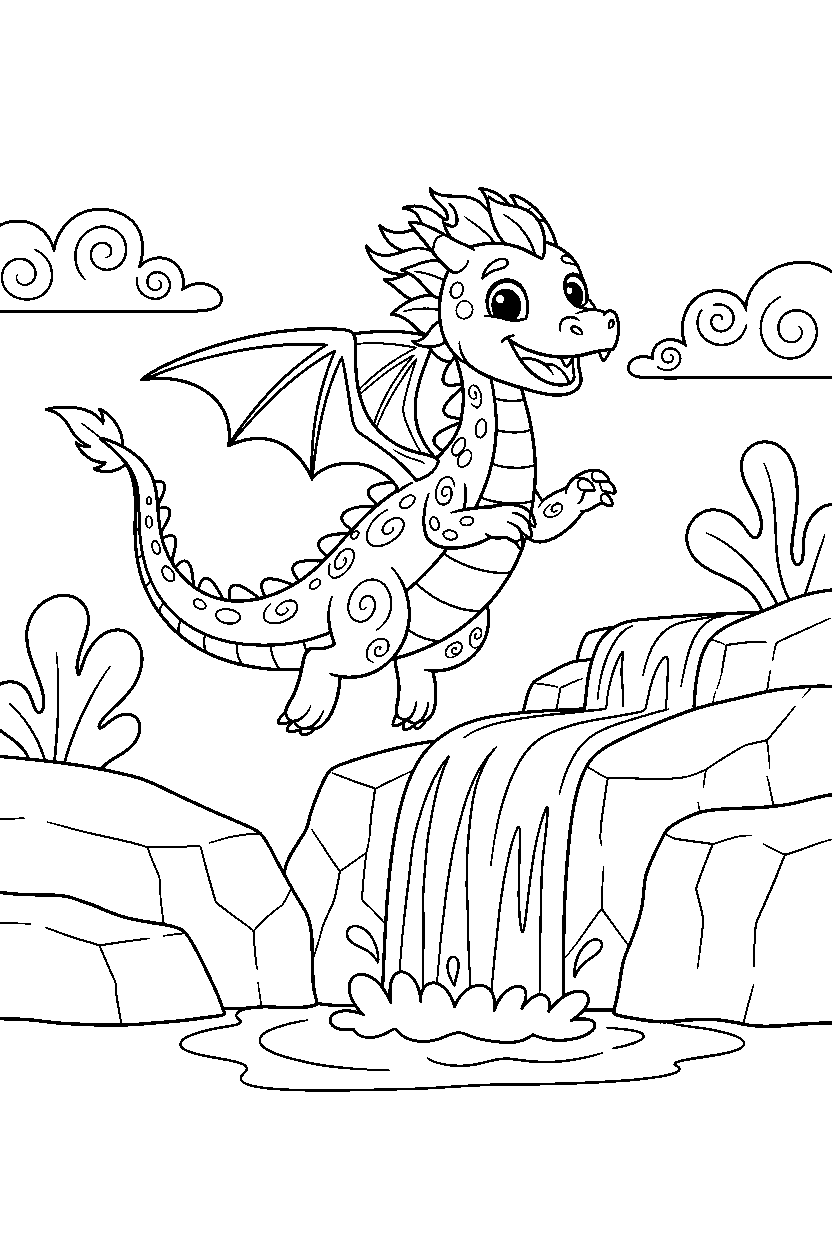 magic dragon jumping happily near a waterfall line art