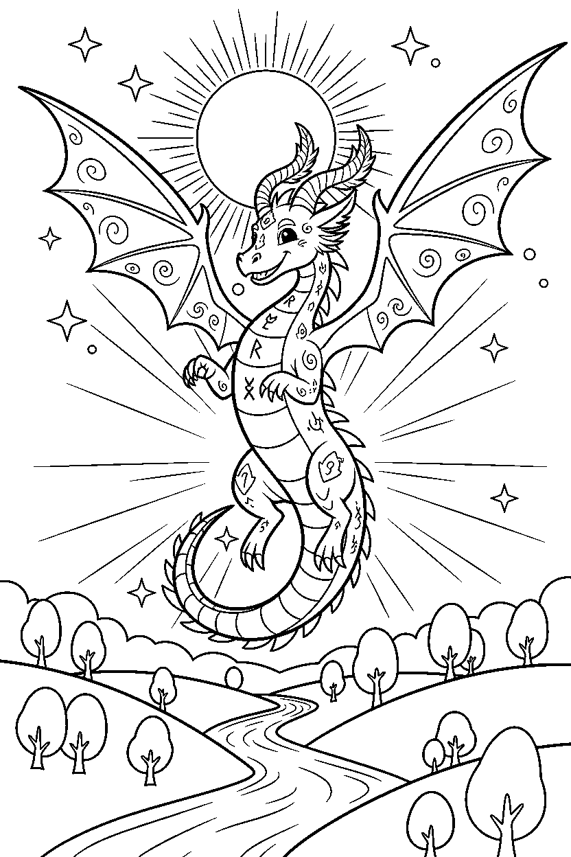 magic dragon jumping with joy in a glowing valley line art