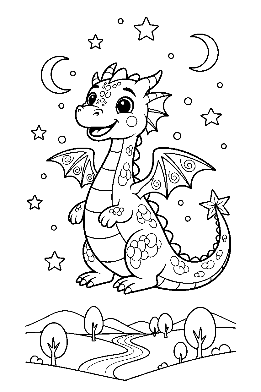 magic dragon looking happy in a starry valley line art