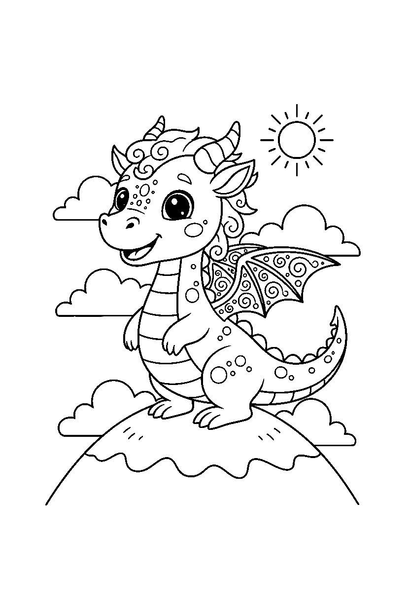 magic dragon looking happy on a mountain hill line art