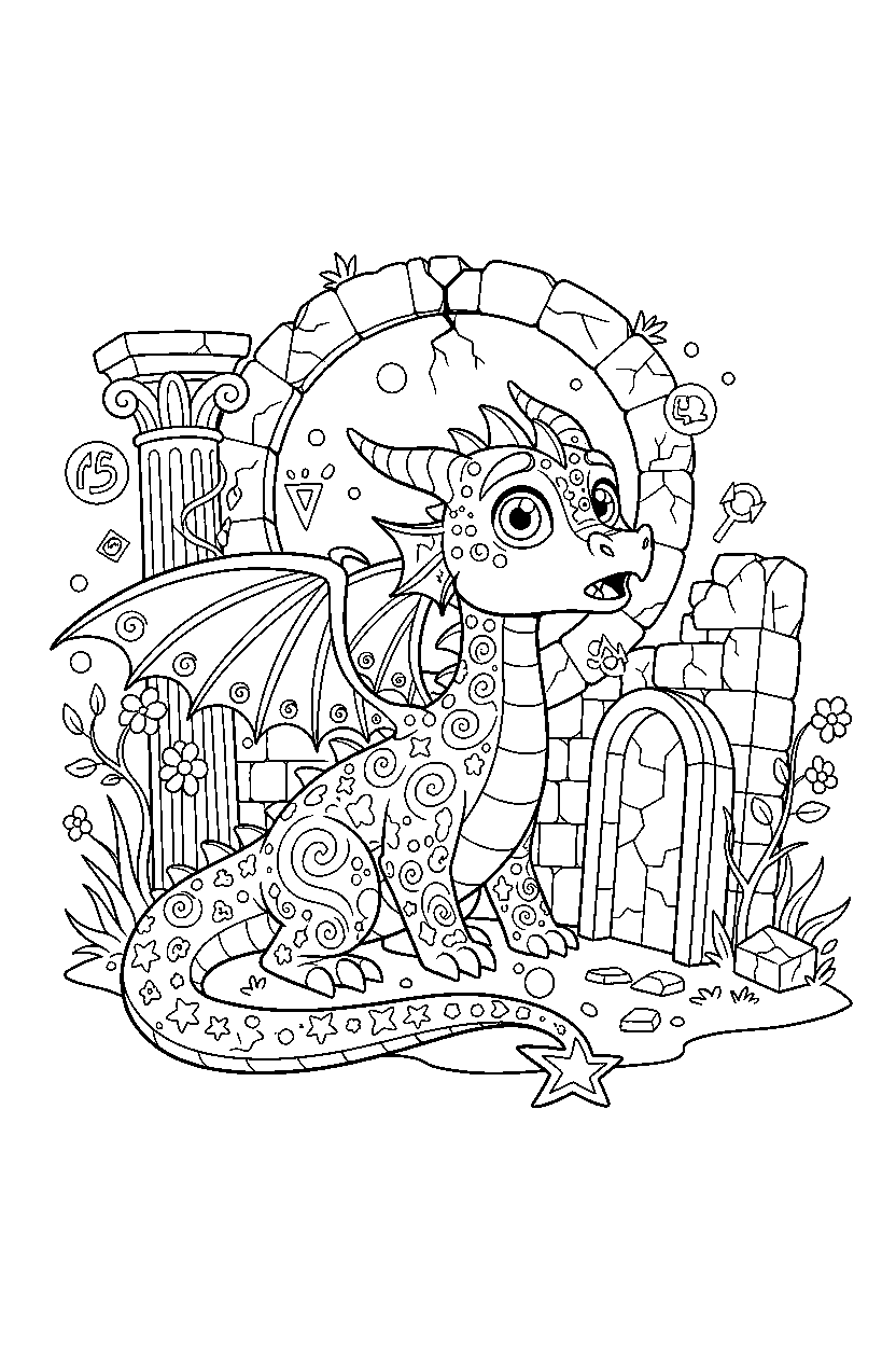 magic dragon looking surprised near ancient ruins line art