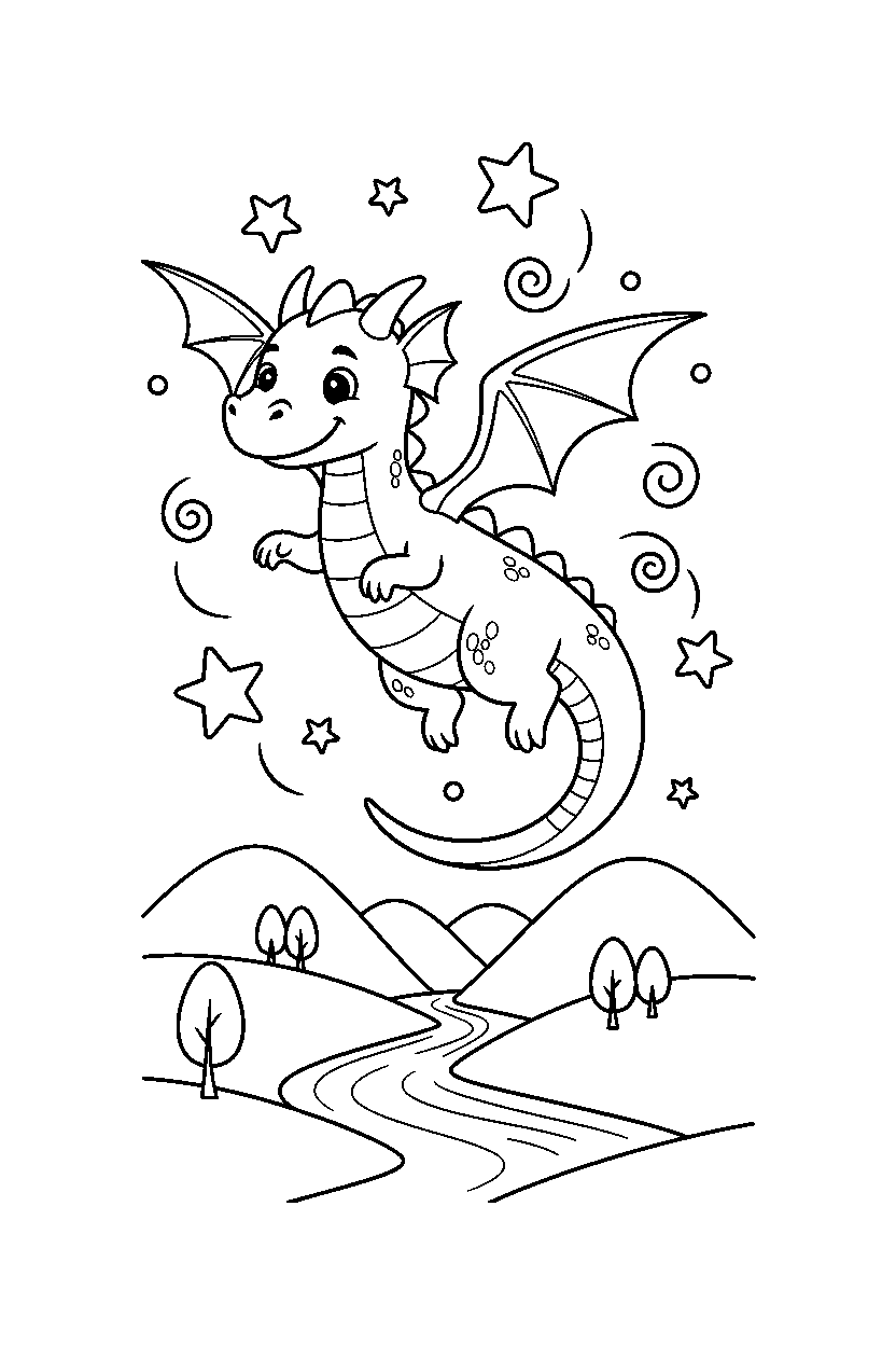 magic dragon playing happily in a starry valley line art
