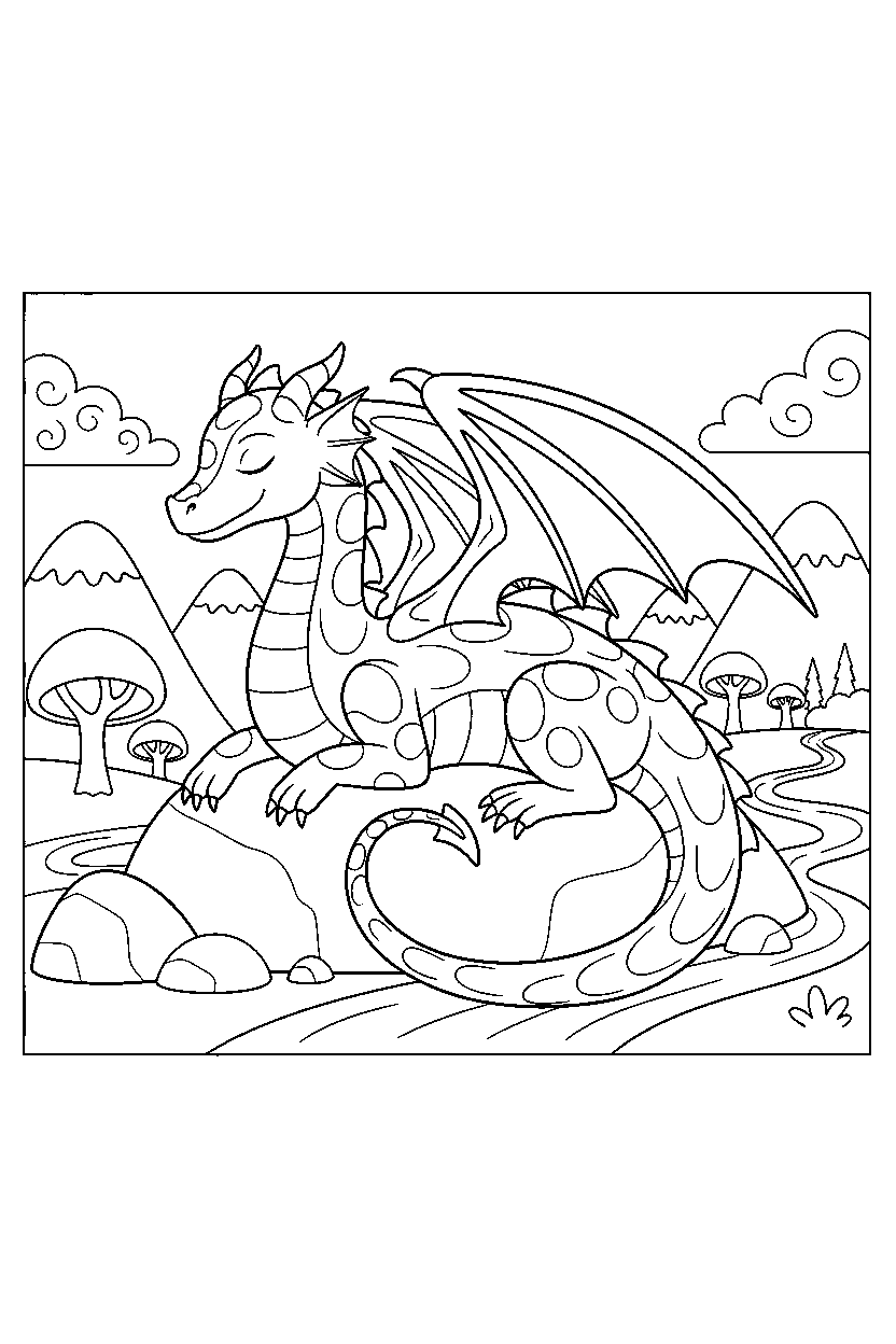 magic dragon resting peacefully in a dragon valley line art