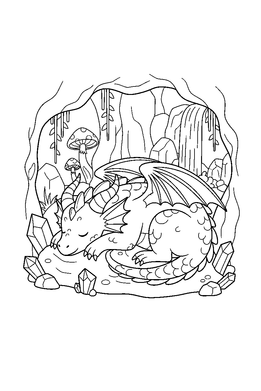 magic dragon resting peacefully in a hidden cave line art