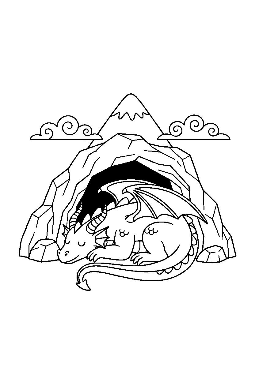 magic dragon resting peacefully near a mountain cave line art