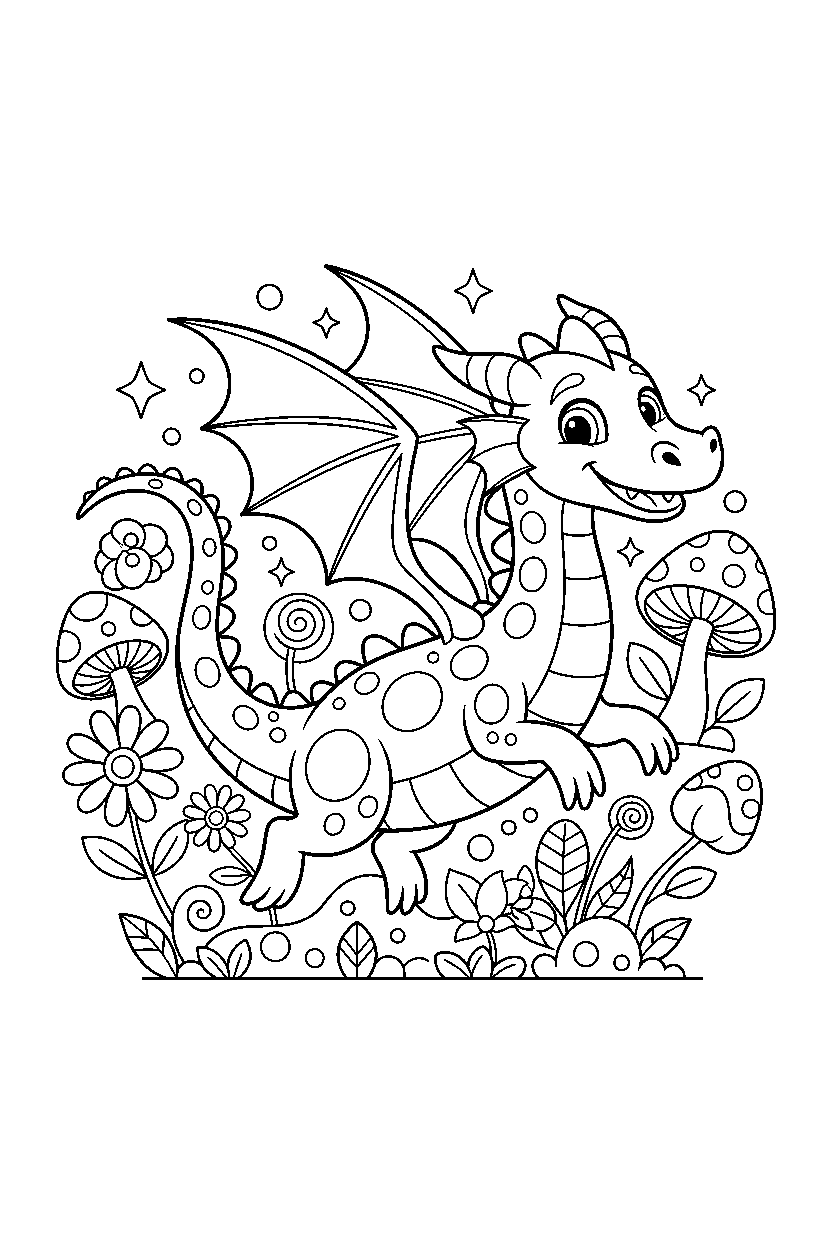 magic dragon running happily in a colorful world line art
