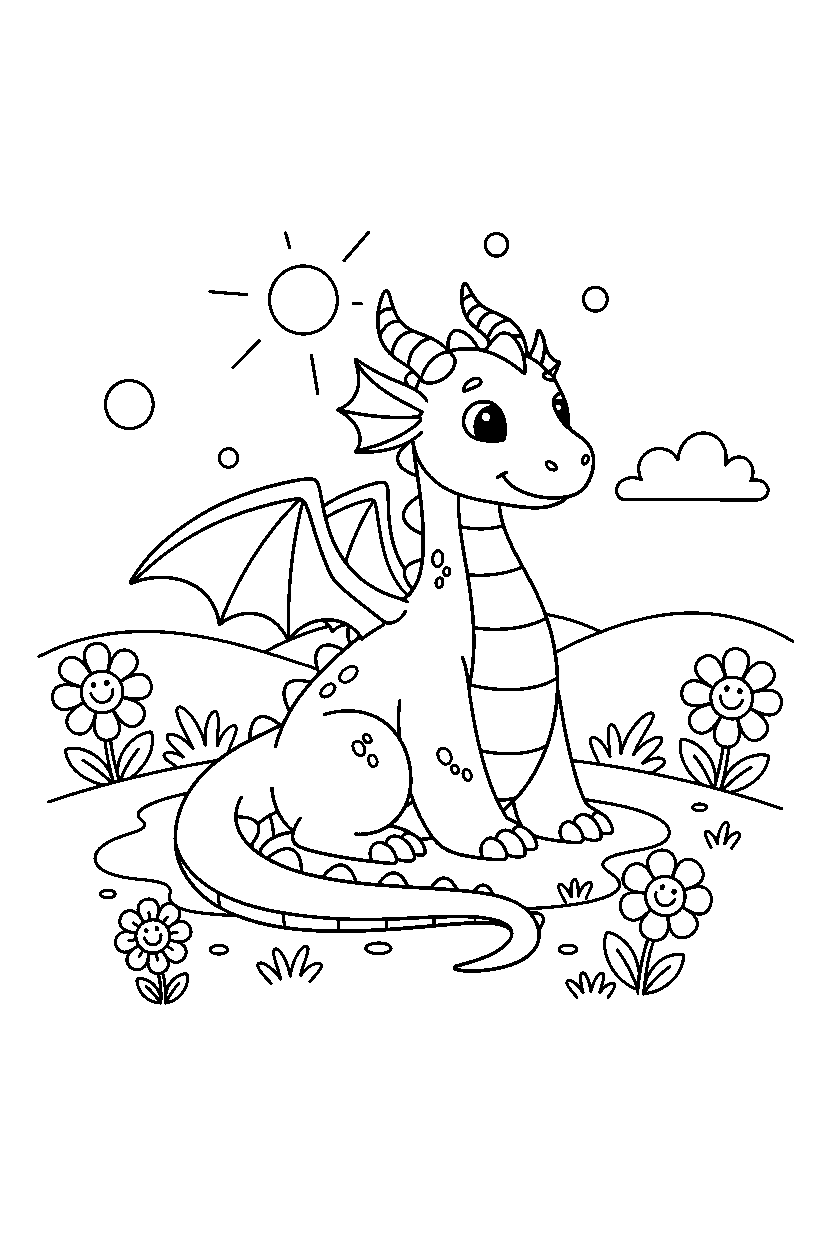 magic dragon sitting peacefully on a sunny meadow line art