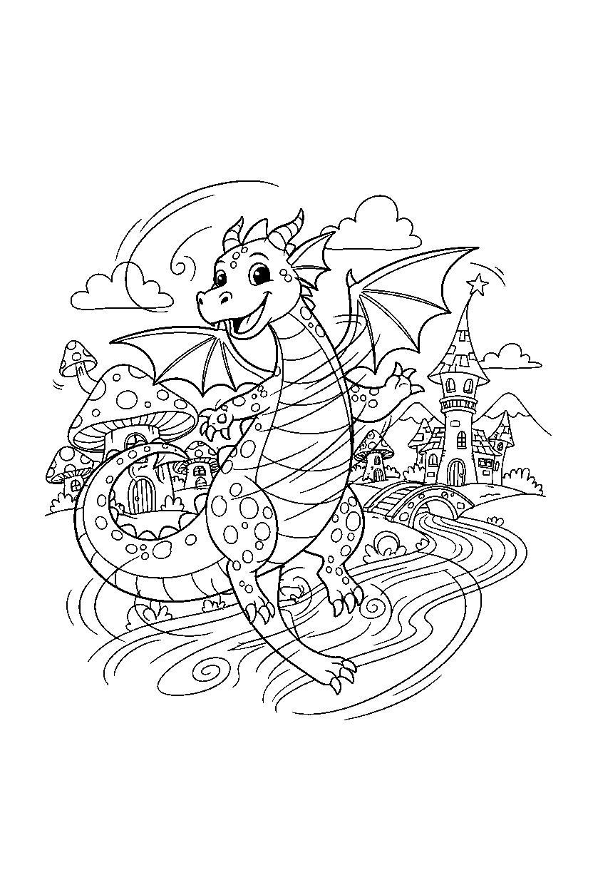magic dragon spinning happily near a fantasy village line art