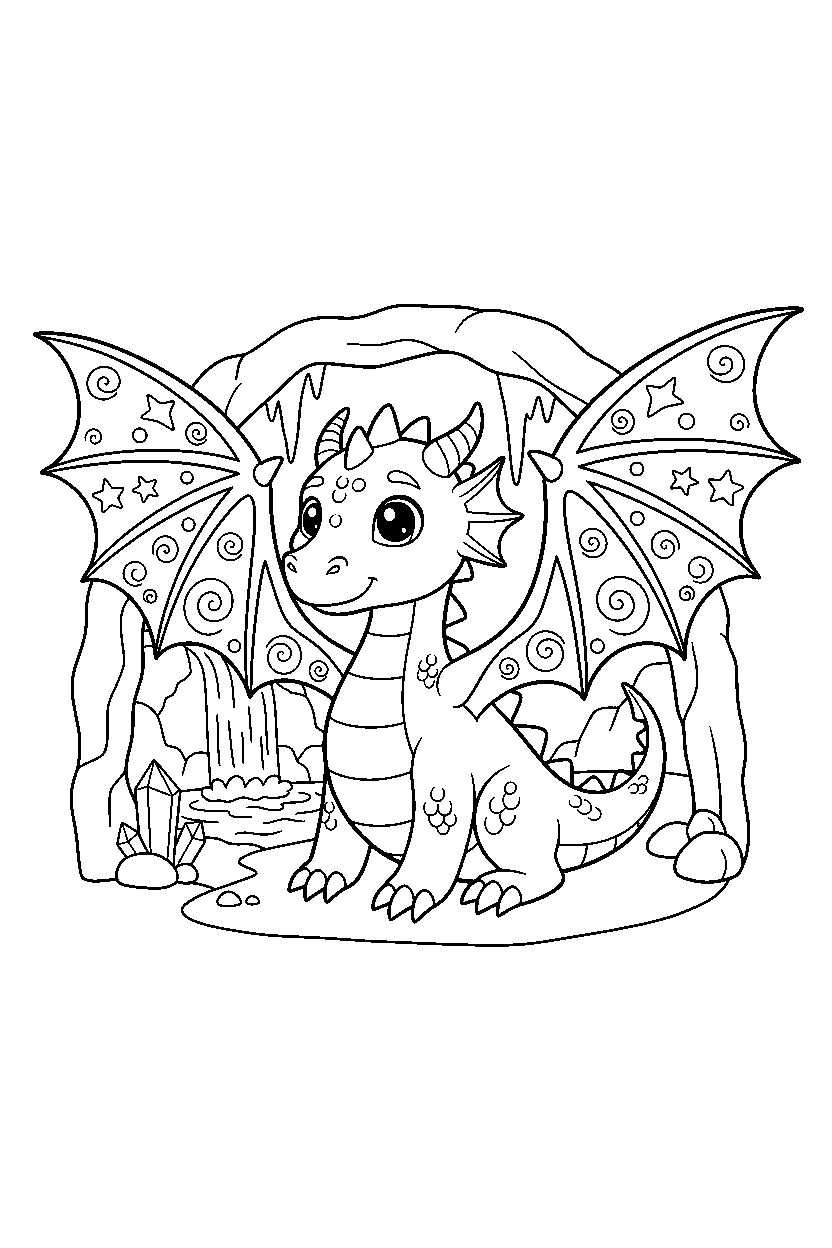 magic dragon spreading wings in a hidden cave line art