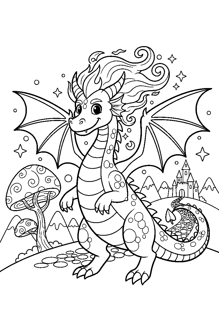 magic dragon standing bravely in a fantasy land line art