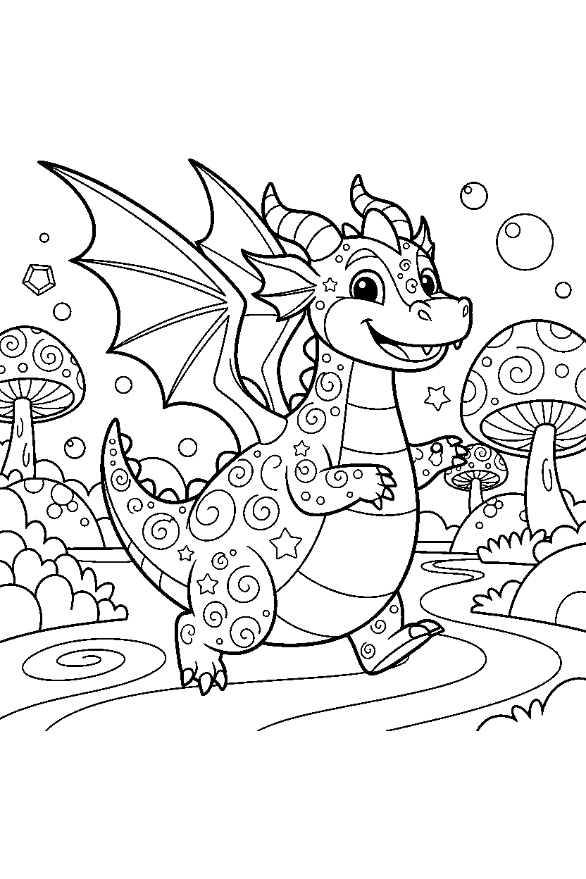 magic dragon trotting happily in a magical landscape line art