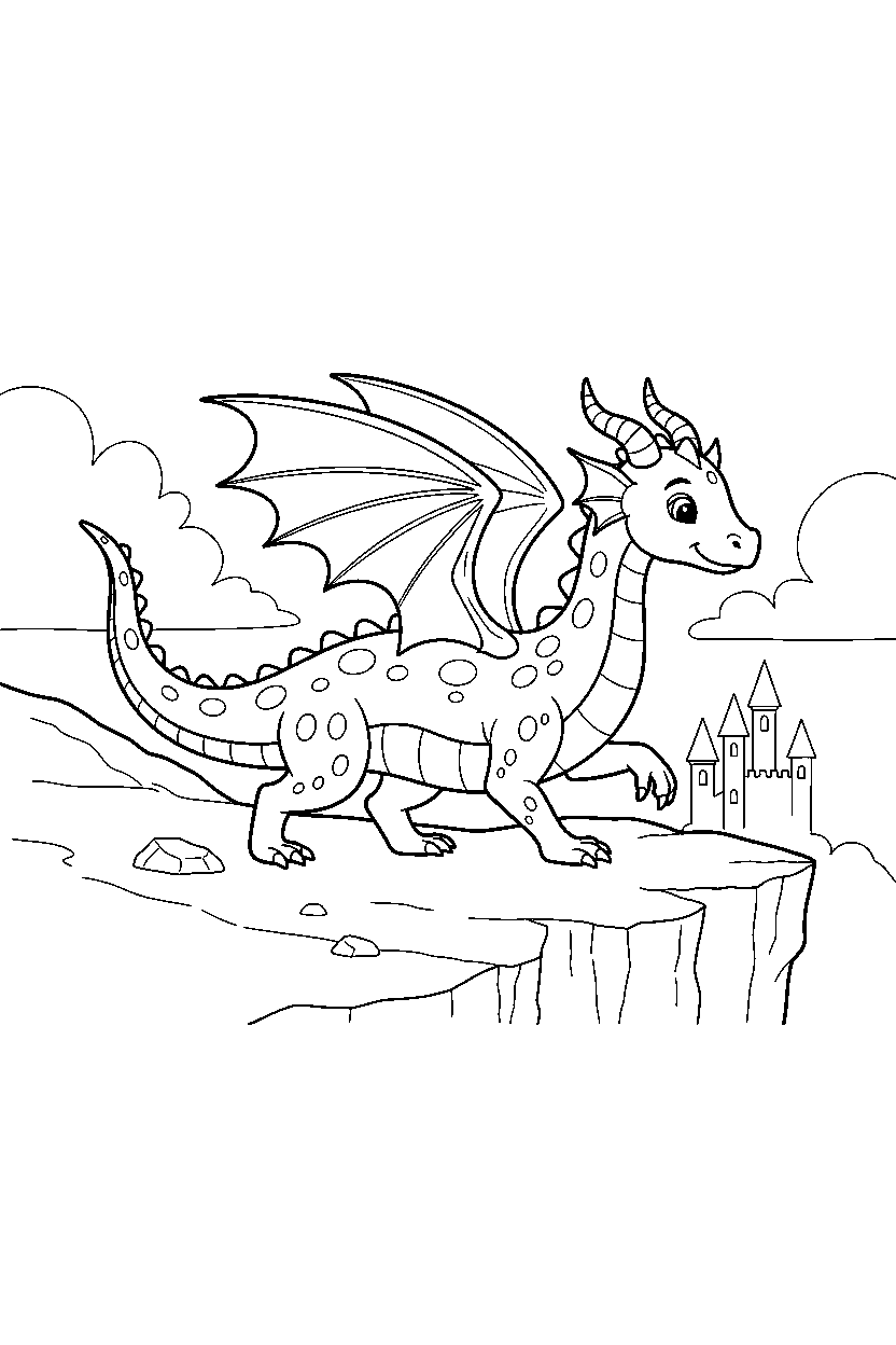 magic dragon walking gently near a rocky cliff line art