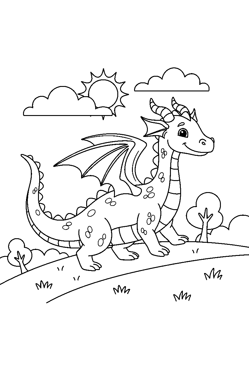 magic dragon walking gently on a bright hill line art