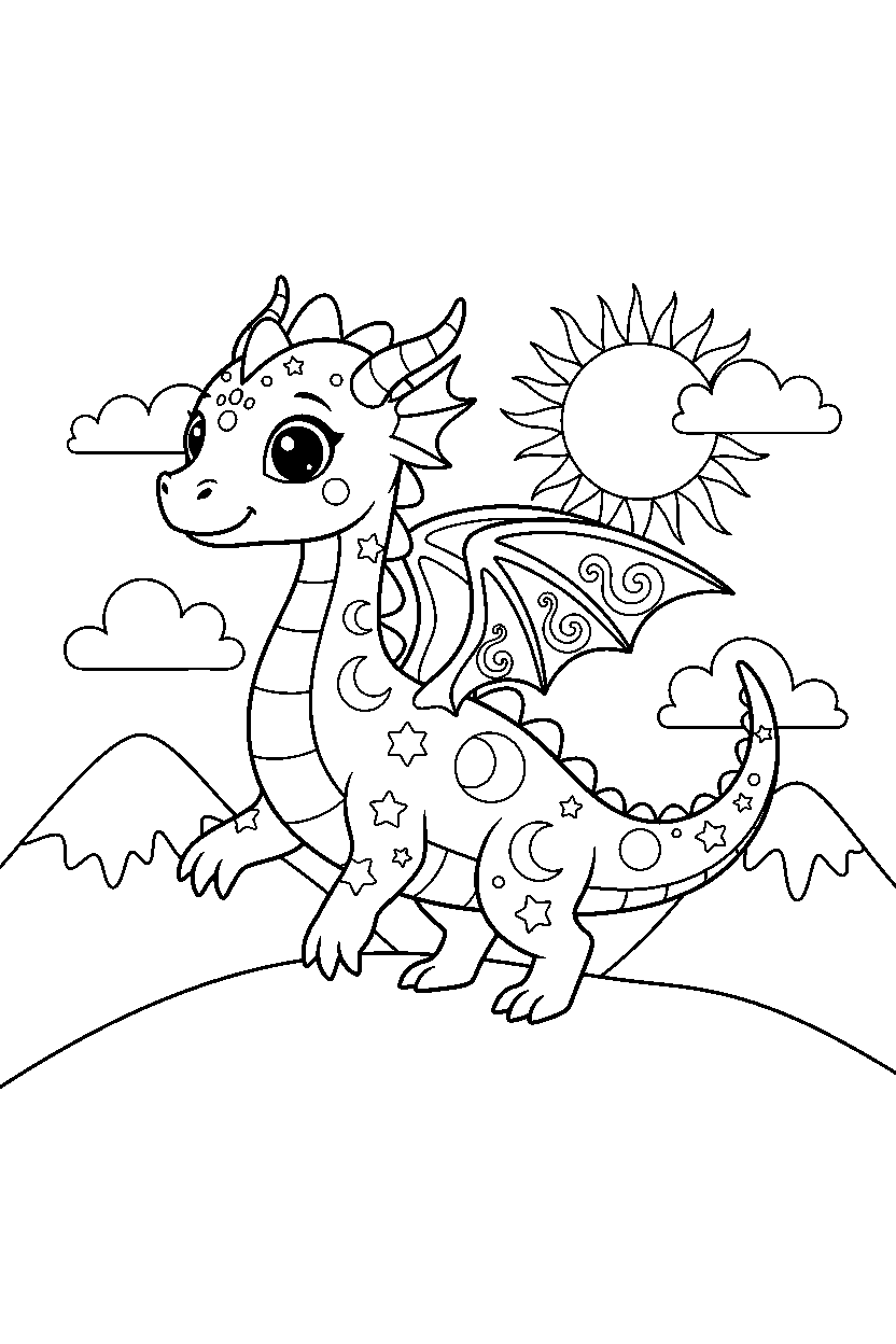 magic dragon walking gently on a mountain hill line art