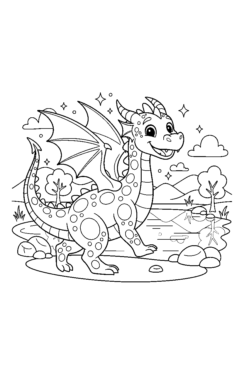 magic dragon walking happily near a peaceful lake line art